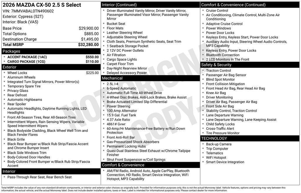 new 2026 Mazda CX-50 car, priced at $32,318
