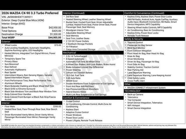 new 2026 Mazda CX-90 car, priced at $43,405