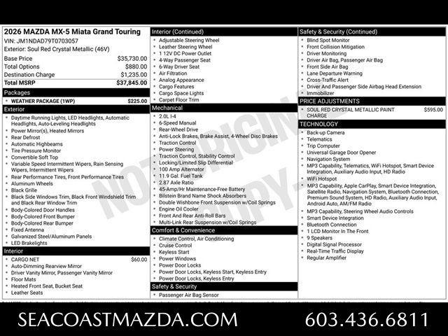 new 2026 Mazda MX-5 Miata car, priced at $37,845