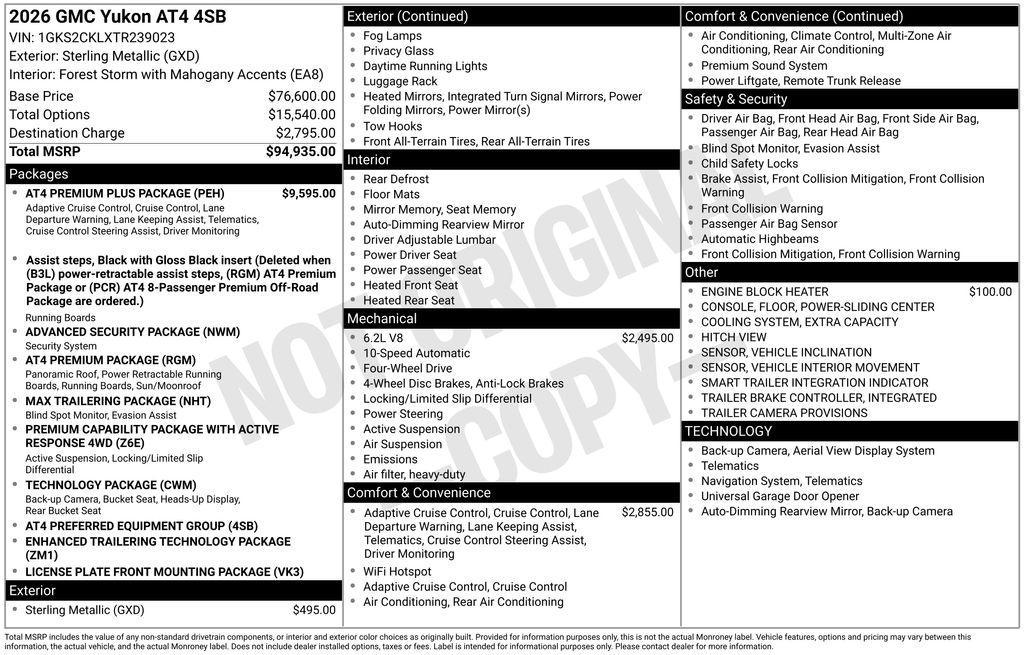 new 2026 GMC Yukon car, priced at $94,185