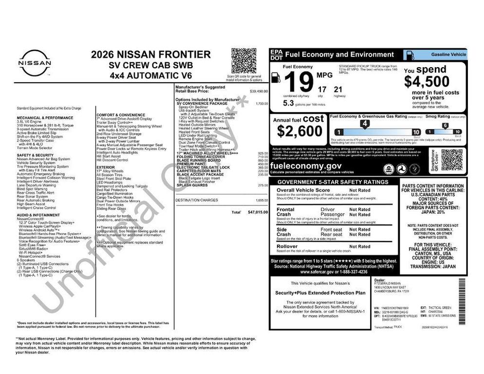 new 2026 Nissan Frontier car, priced at $42,878
