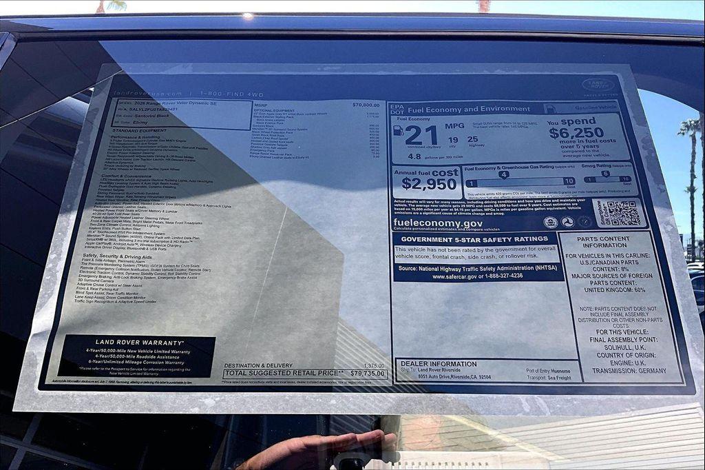 new 2026 Land Rover Range Rover Velar car, priced at $79,735