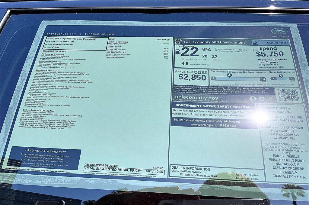 new 2026 Land Rover Range Rover Evoque car, priced at $61,140