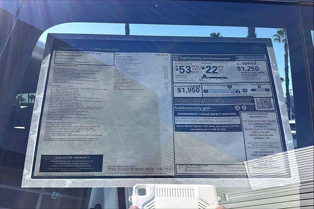 new 2026 Land Rover Range Rover car, priced at $140,315