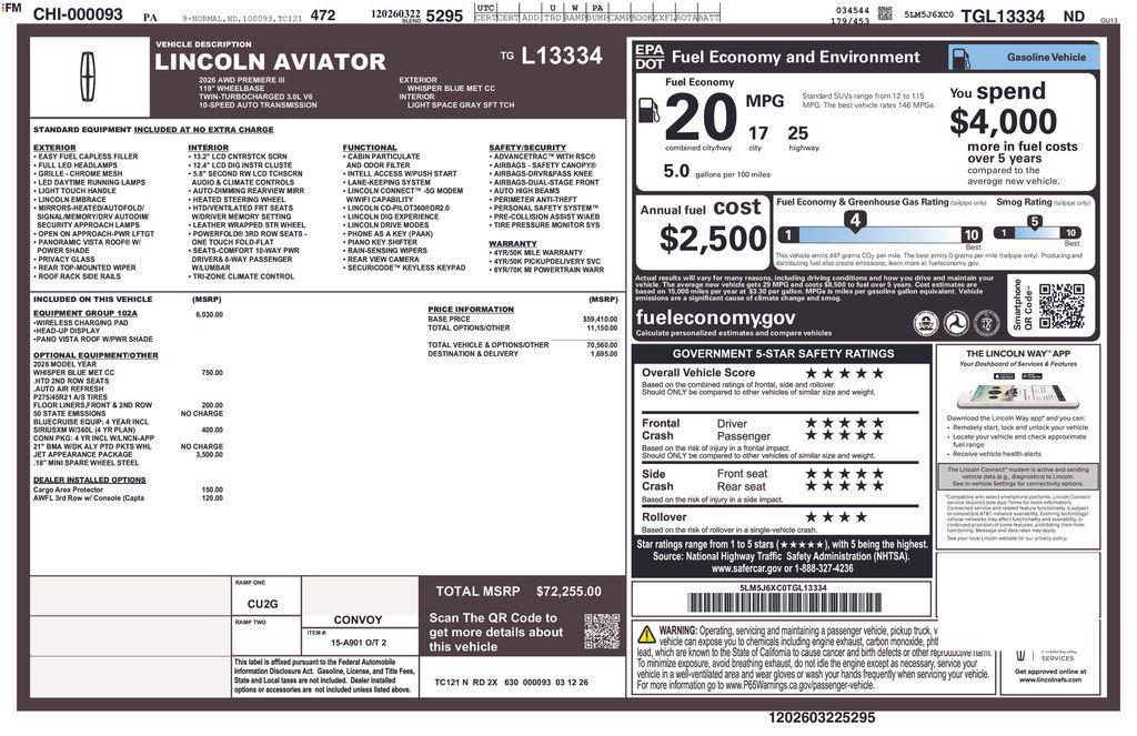 new 2026 Lincoln Aviator car, priced at $69,855