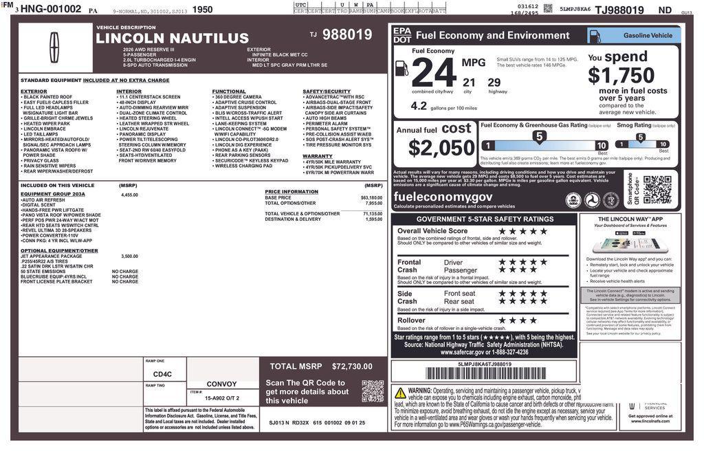 new 2026 Lincoln Nautilus car, priced at $65,821