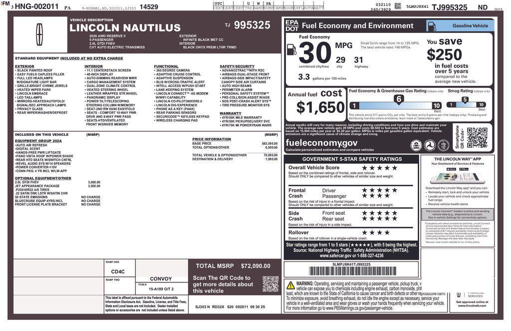 new 2026 Lincoln Nautilus car, priced at $65,206