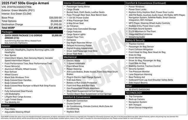 new 2025 FIAT 500e car, priced at $35,995