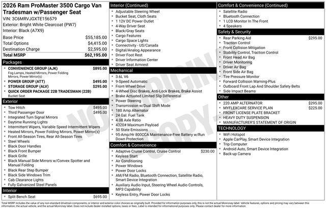 new 2026 Ram ProMaster 3500 car, priced at $63,165
