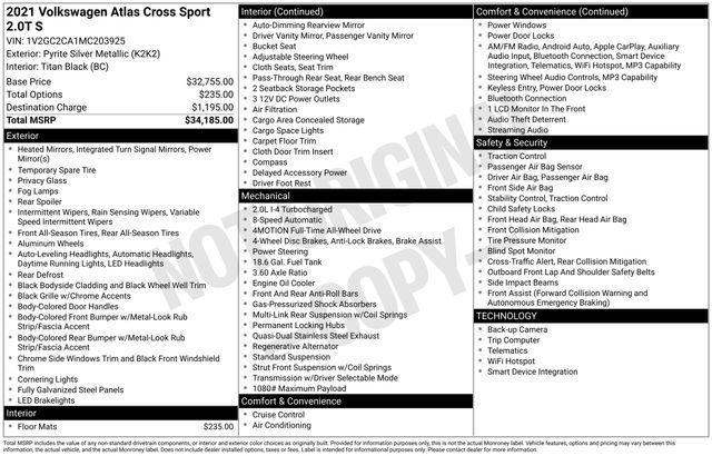 used 2021 Volkswagen Atlas Cross Sport car, priced at $20,999