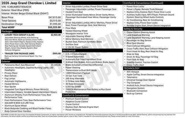 new 2026 Jeep Grand Cherokee L car, priced at $52,325