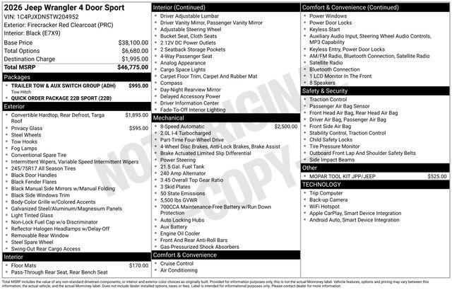 new 2026 Jeep Wrangler car, priced at $51,455