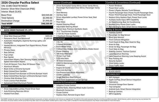 new 2026 Chrysler Pacifica car, priced at $40,229