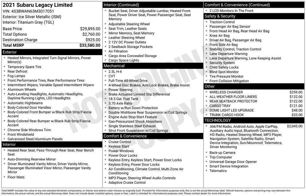 used 2021 Subaru Legacy car, priced at $17,300