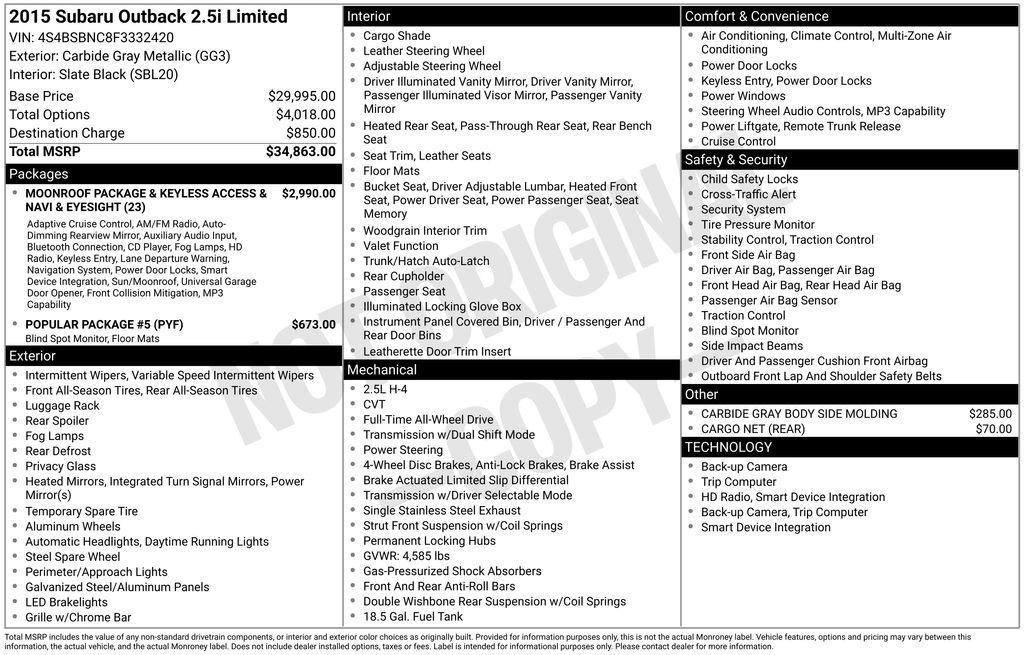 used 2015 Subaru Outback car, priced at $11,994