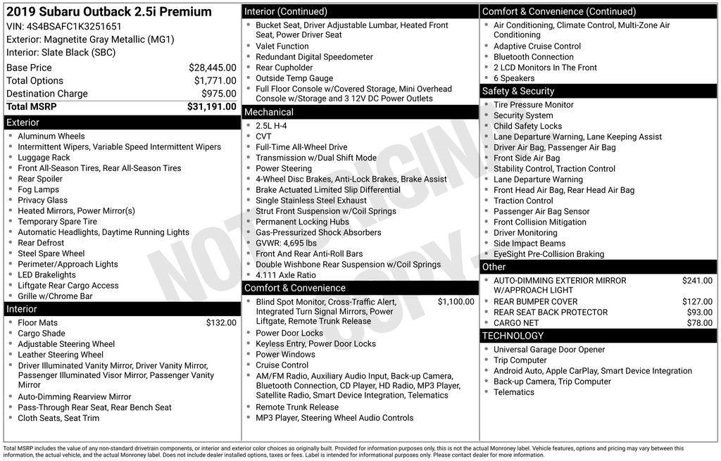 used 2019 Subaru Outback car, priced at $15,560
