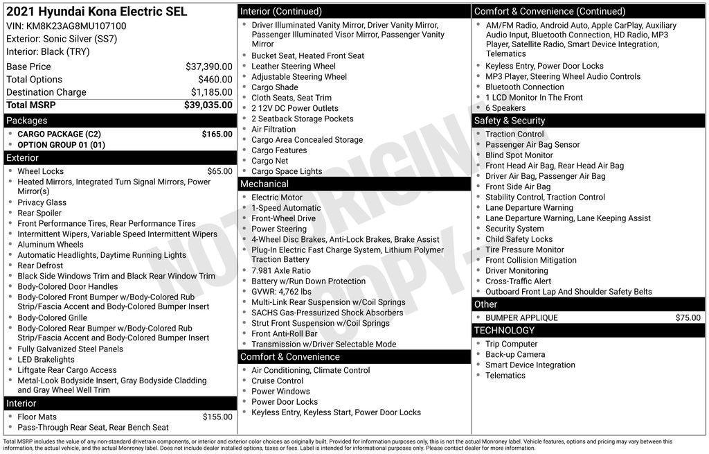 used 2021 Hyundai Kona EV car, priced at $12,933