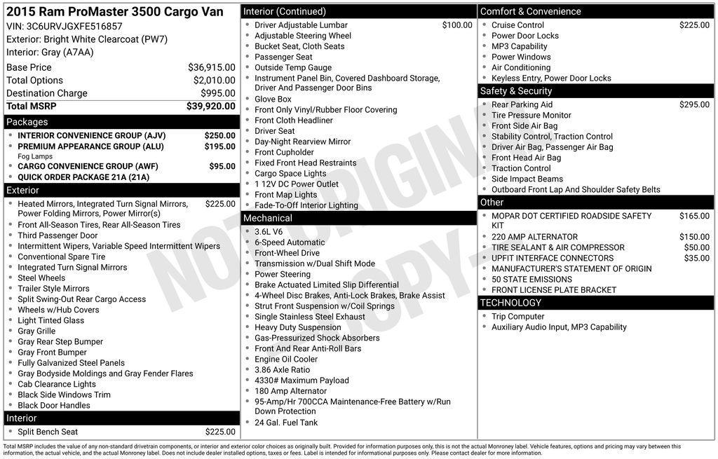 used 2015 Ram ProMaster 3500 car, priced at $19,256