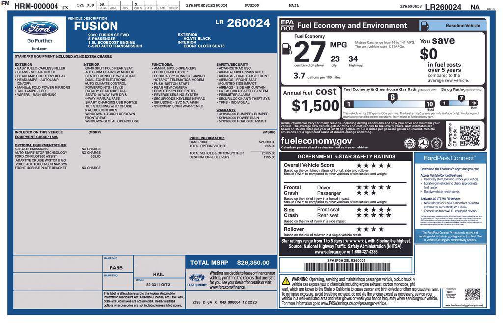 used 2020 Ford Fusion car, priced at $15,441