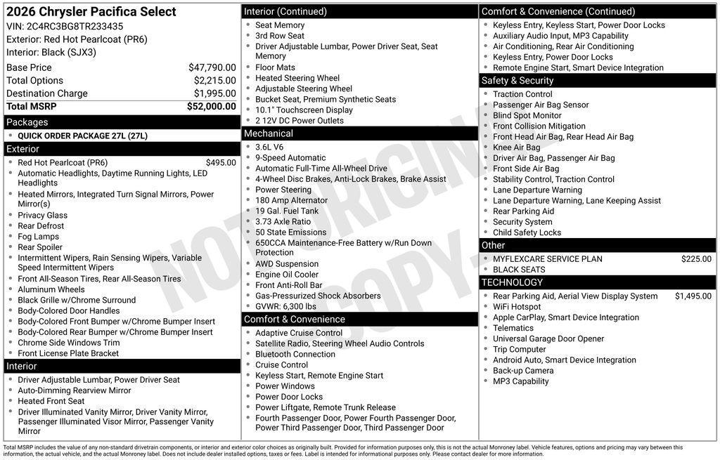 new 2026 Chrysler Pacifica car, priced at $50,422