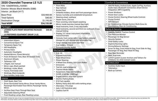 used 2020 Chevrolet Traverse car, priced at $17,495