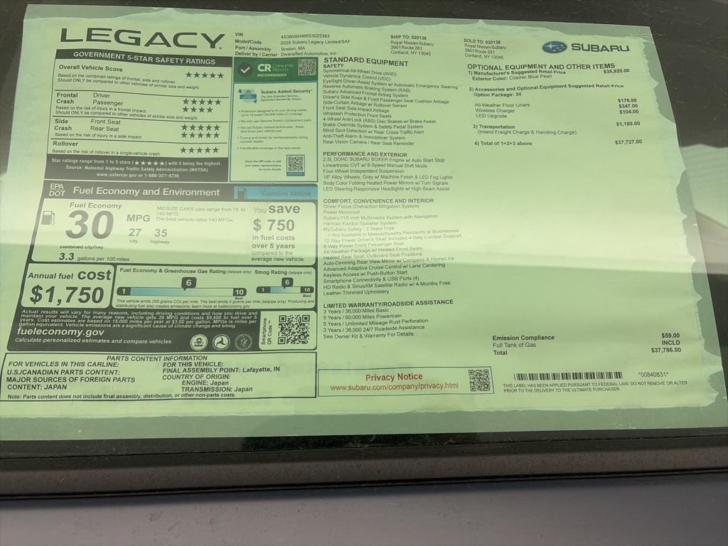 new 2025 Subaru Legacy car, priced at $36,286
