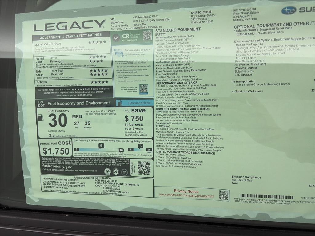 new 2025 Subaru Legacy car, priced at $31,814