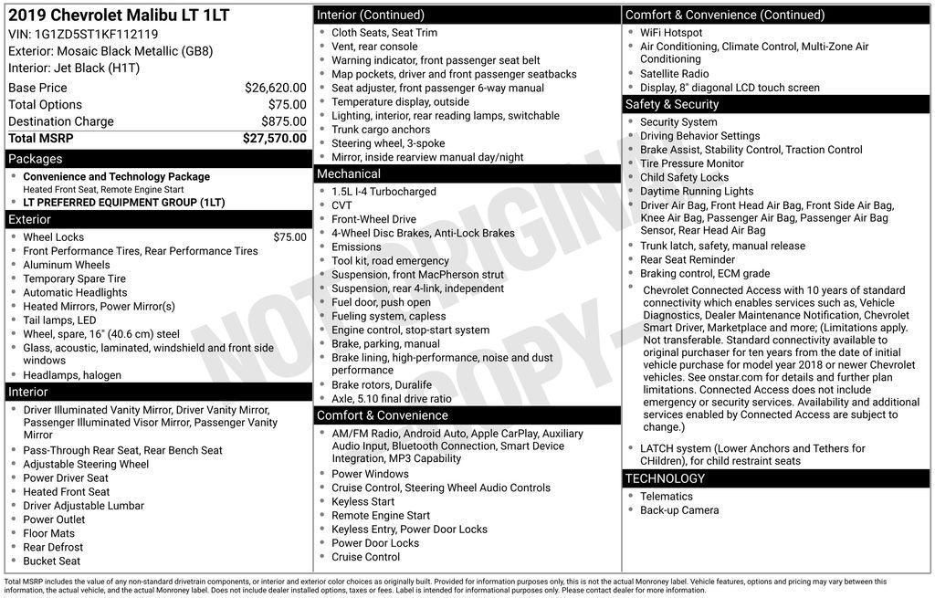 used 2019 Chevrolet Malibu car, priced at $11,250