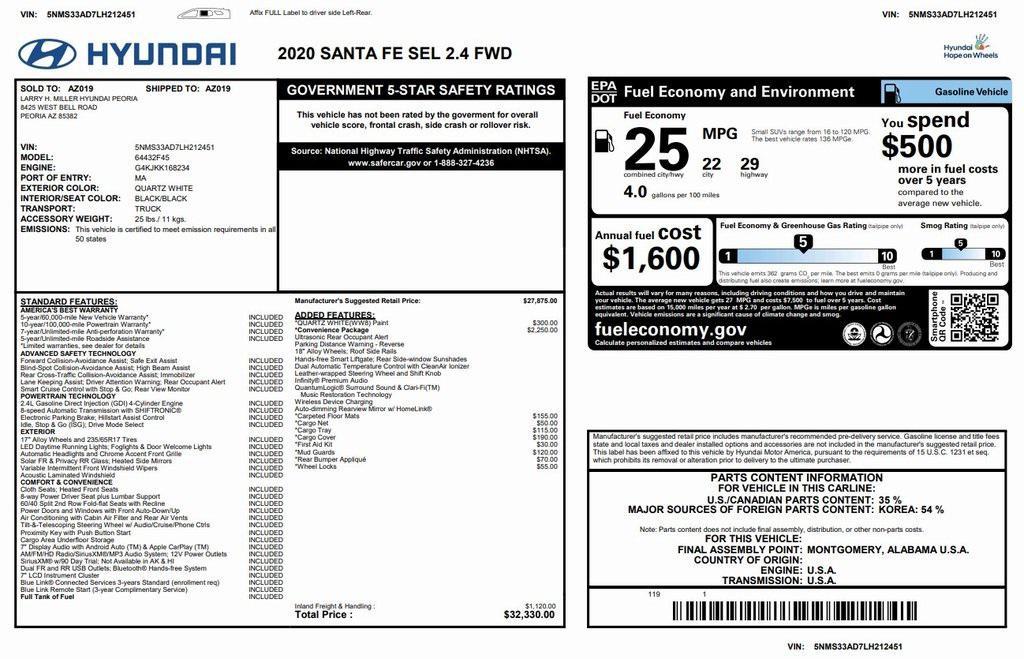 used 2020 Hyundai Santa Fe car, priced at $19,973