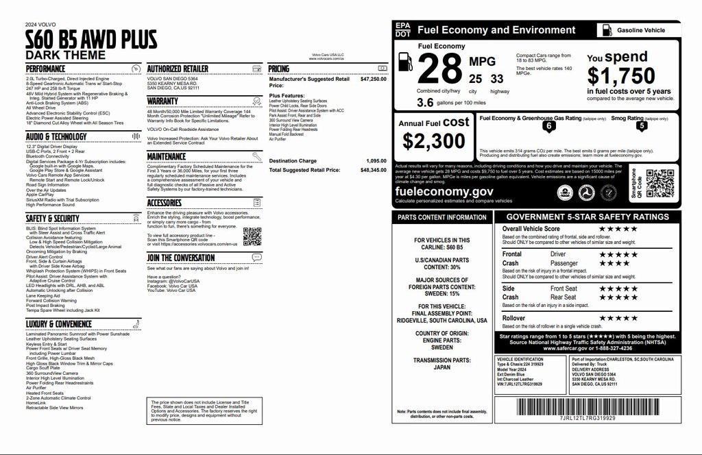 used 2024 Volvo S60 car, priced at $26,573