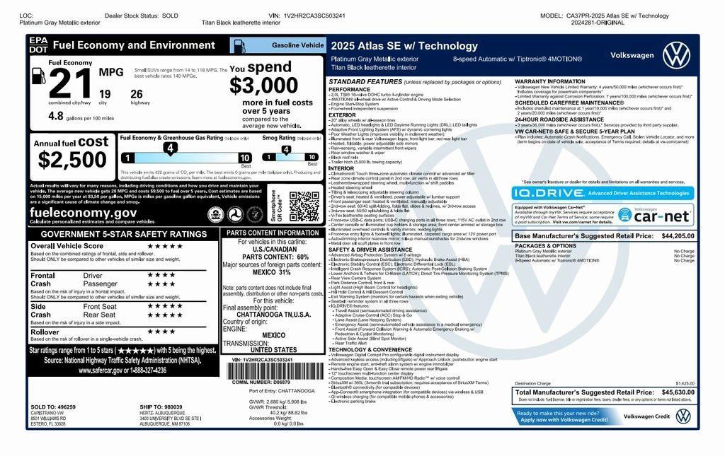 used 2025 Volkswagen Atlas car, priced at $31,273