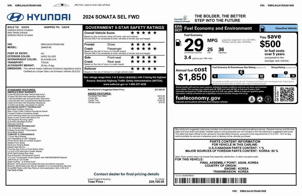 used 2024 Hyundai Sonata car, priced at $21,673