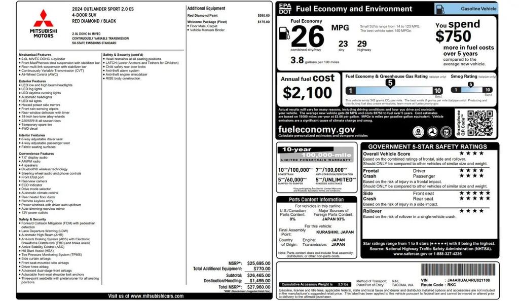 used 2024 Mitsubishi Outlander Sport car, priced at $19,700