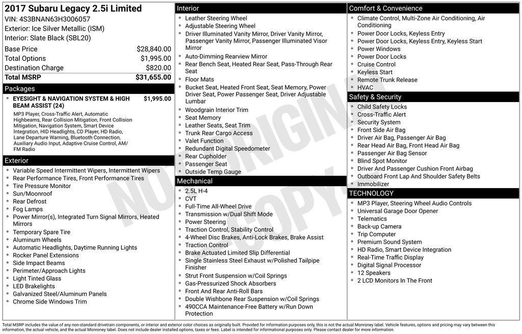 used 2017 Subaru Legacy car, priced at $15,050