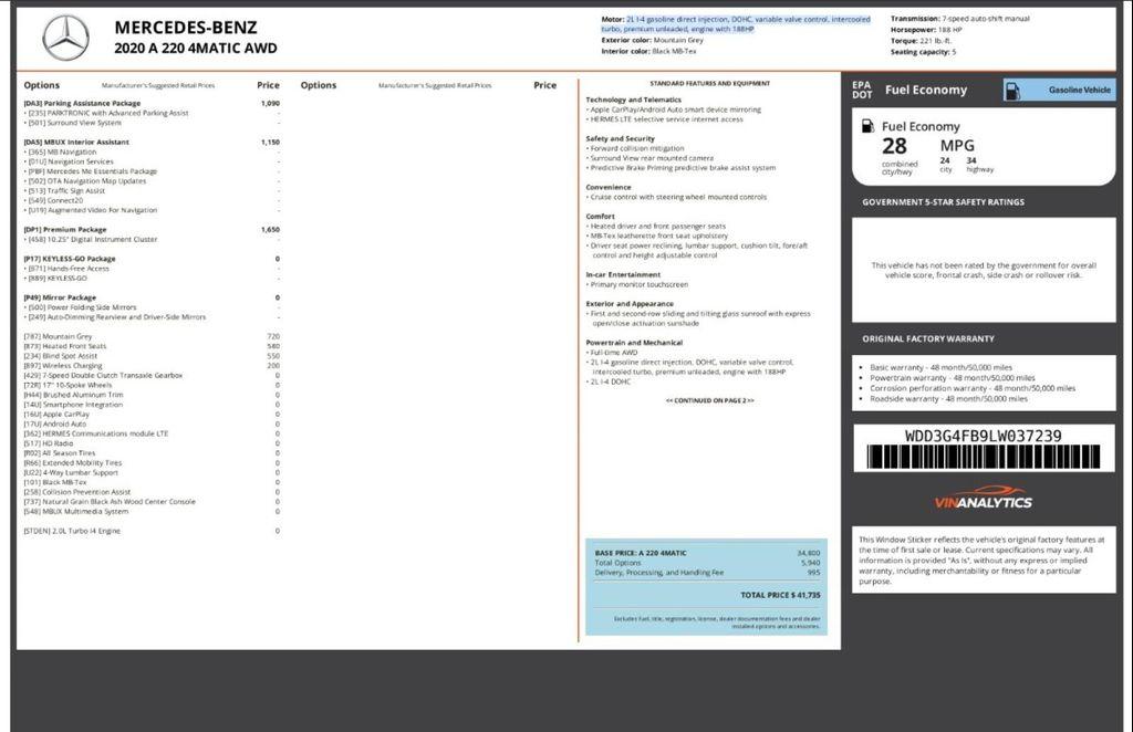 used 2020 Mercedes-Benz A-Class car, priced at $17,495