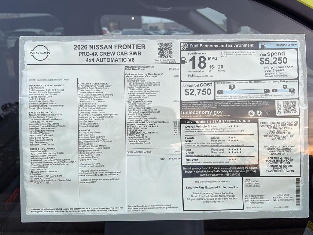 new 2026 Nissan Frontier car, priced at $45,481