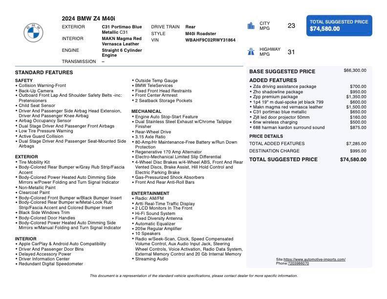 used 2024 BMW Z4 car, priced at $58,000