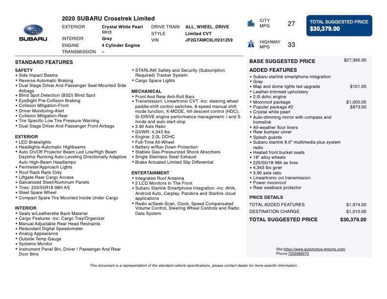 used 2020 Subaru Crosstrek car, priced at $23,600