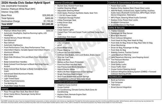 new 2026 Honda Civic Hybrid car, priced at $29,758