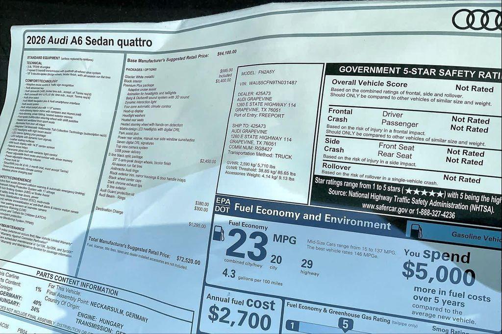new 2026 Audi A6 car, priced at $72,520