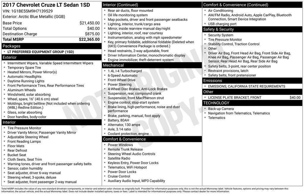 used 2017 Chevrolet Cruze car, priced at $7,201