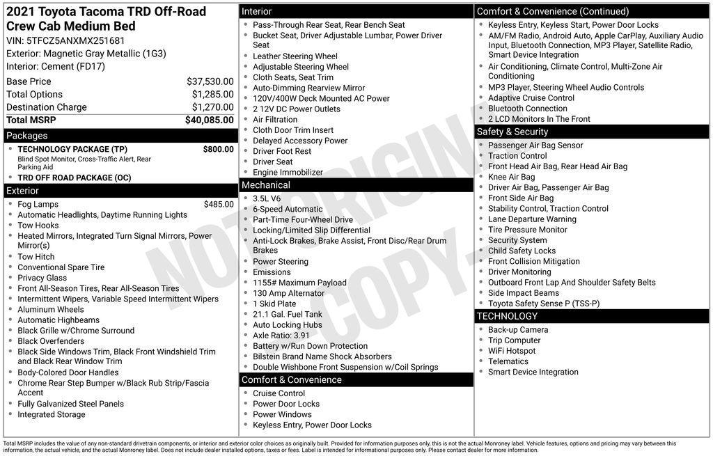 used 2021 Toyota Tacoma car, priced at $34,676