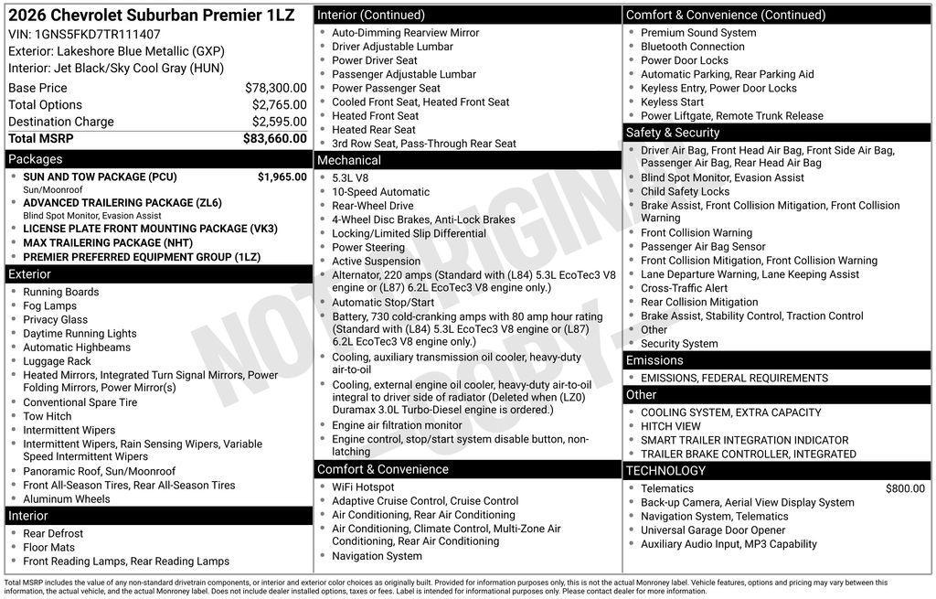 new 2026 Chevrolet Suburban car, priced at $81,150