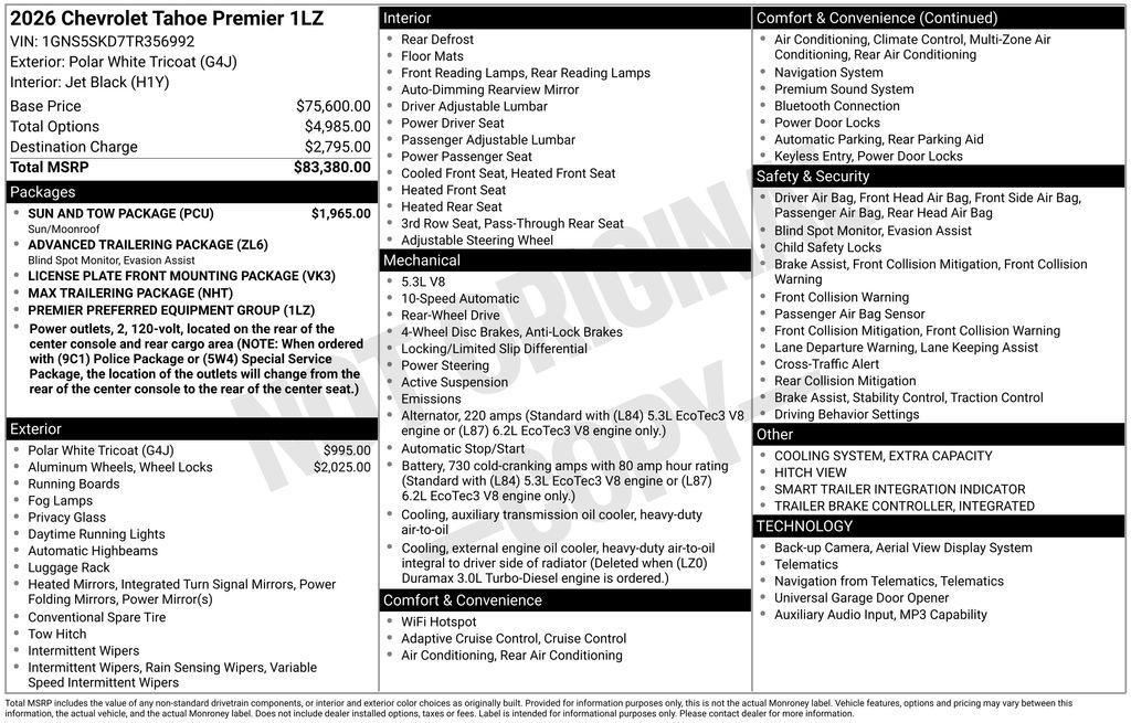new 2026 Chevrolet Tahoe car, priced at $75,042
