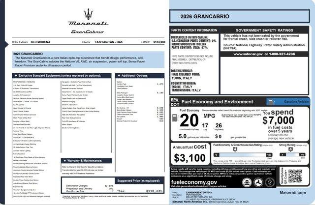 new 2026 Maserati GranCabrio car, priced at $178,635