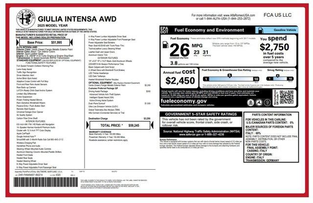 new 2025 Alfa Romeo Giulia car, priced at $59,245