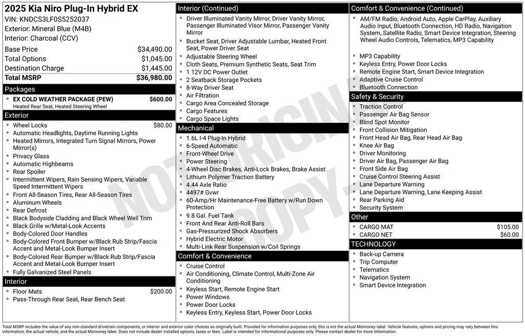 new 2025 Kia Niro Plug-In Hybrid car, priced at $32,046