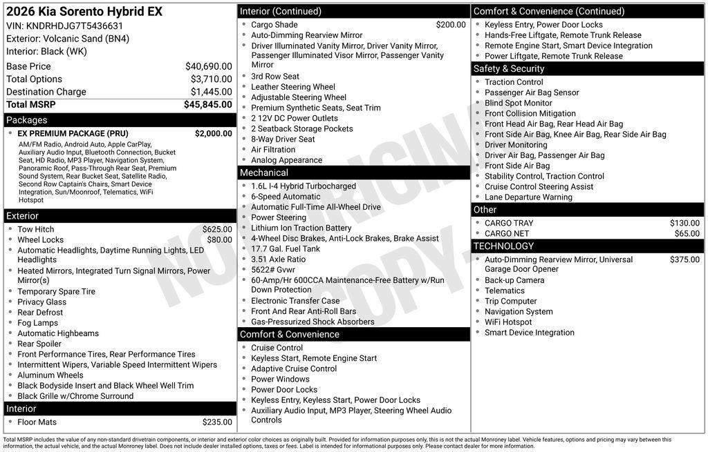 new 2026 Kia Sorento Hybrid car, priced at $41,053