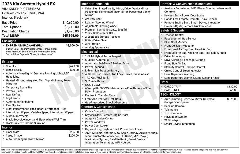 new 2026 Kia Sorento Hybrid car, priced at $40,094