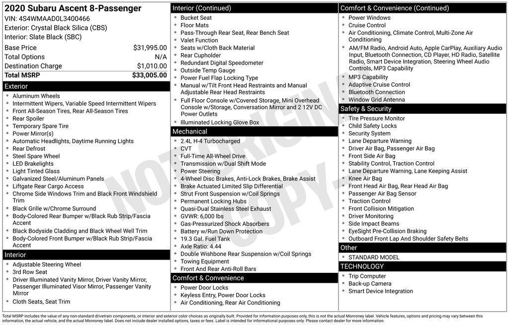 used 2020 Subaru Ascent car, priced at $14,621